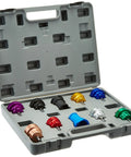Open case with 8 anodized radiator adapters from 3305 10 Piece Radiator Pressure Tester Update Kit For 3300 Series, multicolor adapters shown.