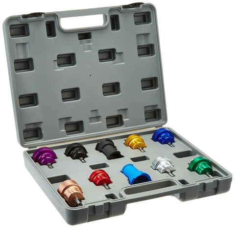 Open case with 8 anodized radiator adapters from 3305 10 Piece Radiator Pressure Tester Update Kit For 3300 Series, multicolor adapters shown.