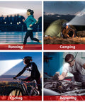 Rechargeable Headlamp With Ultra Bright LEDs, Motion Sensor in use for running, camping, cycling, and repairing tasks.