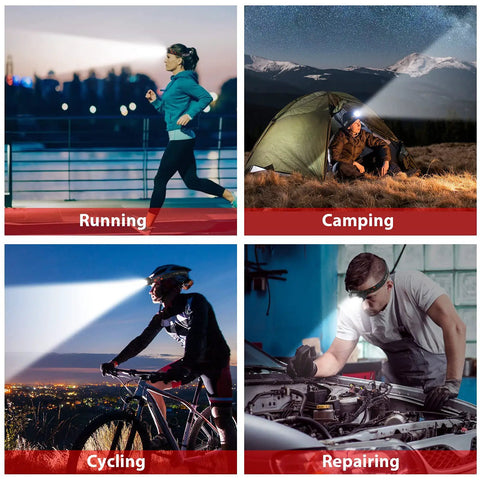 Rechargeable Headlamp With Ultra Bright LEDs, Motion Sensor in use for running, camping, cycling, and repairing tasks.