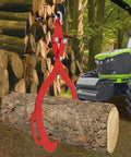 Toriexon log tongs, red steel 28-inch log grapple with two serrated claws lifting a log