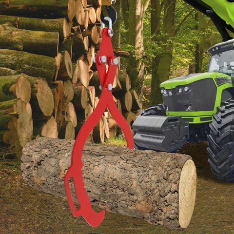 Toriexon log tongs, red steel 28-inch log grapple with two serrated claws lifting a log