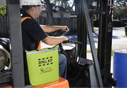 Forklift with Universal Spill Kit for Oil and Chemical Spills, Portable High-Visibility Yellow Tote with Quick-Grab Design