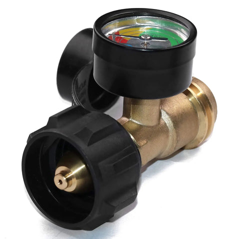 Propane Tank Gauge Level Indicator And Leak Detector For BBQ Gas Grill Type 1 Heavy Duty Brass Construction With Weatherproof Durability Works With 5 Lb To 40 Lb Tanks Monitors Fuel Level Without Removing Tank Temperature Compensated Display, brass gauge