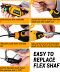 Step-by-step guide to attach flex shaft on Go-To Power Hand Rotary Tool Kit With Variable Speed 8000 To 35000 RPM, includes spanner use.