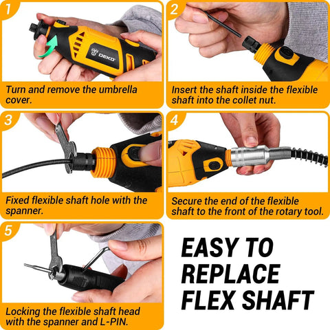 Step-by-step guide to attach flex shaft on Go-To Power Hand Rotary Tool Kit With Variable Speed 8000 To 35000 RPM, includes spanner use.