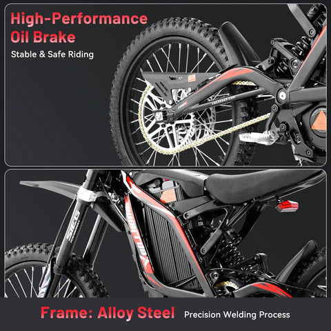 High-performance oil brake system and alloy steel frame of Badass 10000W Electric Dirt Bike For Adults With 72V 35Ah Battery Offering 52 Mile Range.