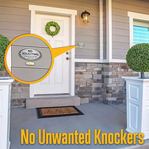No Soliciting Sign For Home And Office 3 By 6 Inch Heavy Duty Weather Resistant Brushed Silver Mounting Hardware Included on house wall
