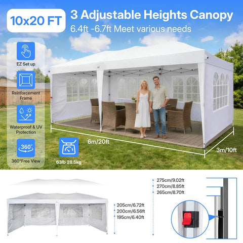 10x20 Ft Pop Up Canopy Tent With Six Sidewalls And Mosquito Netting, Heavy Duty Commercial Instant Outdoor Shelter for backyard use, white, people standing inside