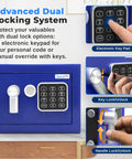 Premium Steel Digital Safe Box With Electronic And Mechanical Access For Cash Jewelry And Small Guns Compact 9.1 Inch By 6.7 Inch By 6.7 Inch Lockbox For Hotels Cabinets And Home Use In Blue, showing electronic keypad and key lock system.