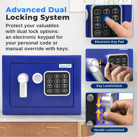 Premium Steel Digital Safe Box With Electronic And Mechanical Access For Cash Jewelry And Small Guns Compact 9.1 Inch By 6.7 Inch By 6.7 Inch Lockbox For Hotels Cabinets And Home Use In Blue, showing electronic keypad and key lock system.