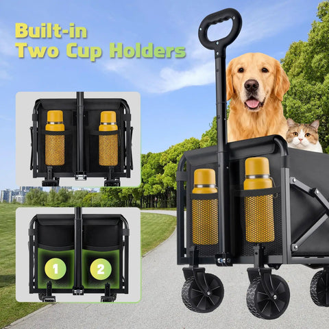 Heavy Duty Collapsible Wagon Cart For All Terrain Use With 100Kg Load Capacity Portable Folding Utility Wagon with two drink holders