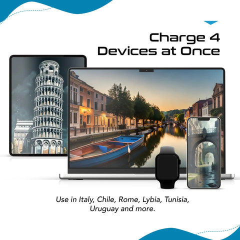 Multiple devices charging with US To Italy Travel Plug Adapter Set With 2 Outlets, USB C 20W PD And QC 18W Fast Charge