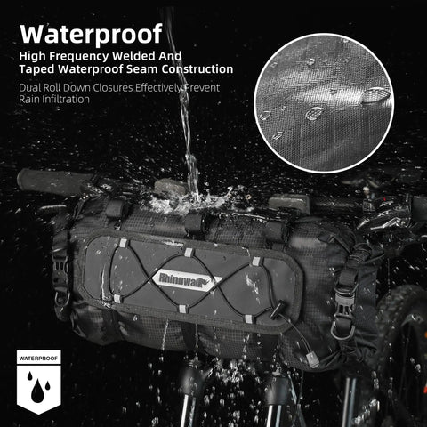 All Weather Bicycle Handlebar Bag With Dual Sided Opening And Folded Closure, Waterproof Inner Pocket shown during rain test.