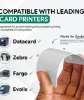 Bulk Pack Of 700 Blank CR80 PVC ID Cards 30 Mil Thick Dual Sided Badge Cards For Card Printers showing compatibility with leading printers.