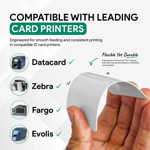 Bulk Pack Of 700 Blank CR80 PVC ID Cards 30 Mil Thick Dual Sided Badge Cards For Card Printers showing compatibility with leading printers.