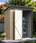 Outdoor Storage Shed 5x3 Ft Metal Tool Shed with Door and Lock for Patio Garden Backyard, brown metal, open door view.