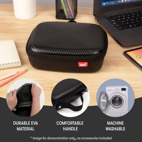 Slick Carbon Look Eva Tech Cable Organizer With Secure Mesh Pockets And Stretchy Elastic Bands For Phones Chargers And Power Banks Hella Rugged Badass Hard Shell Travel Box For Daily Grind And RoadTrips Black on desk