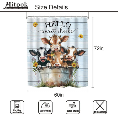 Funny Highland Cow Shower Curtain 60x72 Inches Farmhouse Floral Cute Cows Light Blue Plank Bucket Bath Time Vibes Decor Polyester With 12 Hooks Included Water Resistant Quick Dry.