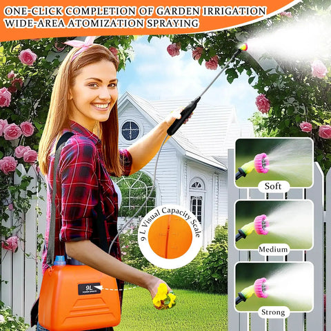 Person using Battery Powered Sprayer 2.4 Gallon Electric Garden Sprayer With Rechargeable Battery in a garden