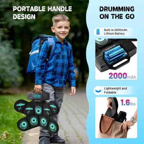Child carrying 9 Pad Electronic Drum Set With Dual Speakers Portable MIDI Practice Kit For Beginners with built-in handle on path.