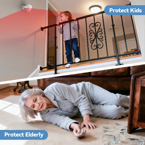 125dB Loud Indoor Motion Sensor Alarm With 328ft Remote, protecting child and elderly in home setting with motion detection.