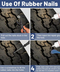 Image showing steps to use the 24 Pcs Tire Plug Repair Kit with Key Tools and 120ml Powerful Patch Glue for Instant Puncture Seals.