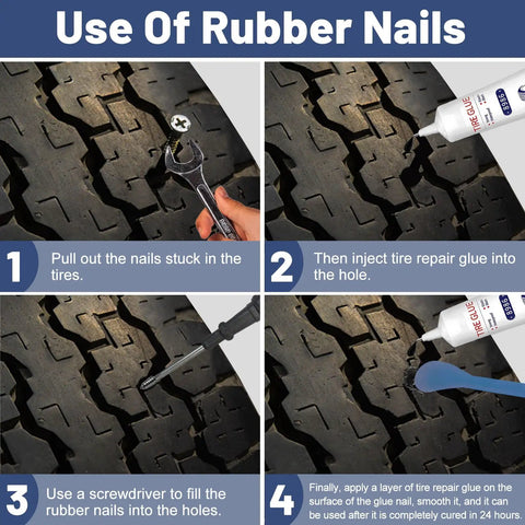 Image showing steps to use the 24 Pcs Tire Plug Repair Kit with Key Tools and 120ml Powerful Patch Glue for Instant Puncture Seals.