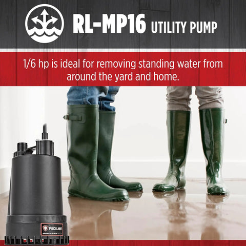 115 Volt 1/6 HP Submersible Utility Pump With 1300 GPH Flow in front of two people in rain boots, black water pump