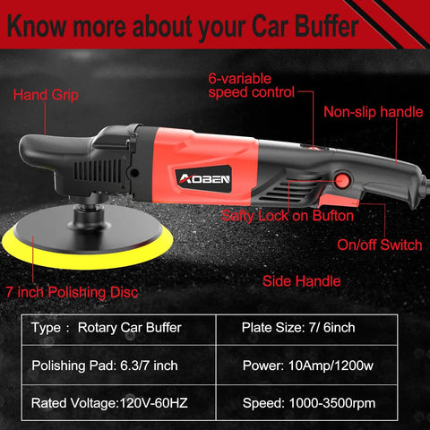 Beast Power Rotary Buffer Polisher With 1200W Motor, showing 7-inch disc, speed control, hand grip, and On/Off switch.