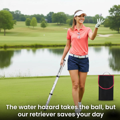 Golfer using Telescopic Golf Ball Retriever Kit With Detachable 3 Piece Retriever on green near water hazard