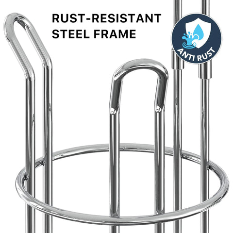 Close-up of rust-resistant steel frame on Freestanding Chrome Toilet Paper Roll Holder Stand That Fits All Roll Sizes Up To 5.5 Inches And Stores Up To Four Rolls At Once With No Drill And No Hardware Needed