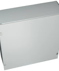 Hardcore Steel Pull Box With Screw Cover Panel 12 X 12 X 4 Inch Gray Wall Mount Junction Enclosure showing front view with metal cover.