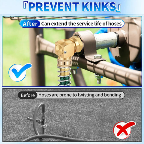 90 Degree Brass Hose Swivel Elbow 3/4 GHT Garden Hose Extension Connector No Kink Protector 360 Degree Rotating Fitting For RV Outdoor Use Heavy Duty Brass No Kink Design on hose