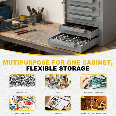 Lockable 9 Drawer Steel Parts Cabinet, Fully Assembled Welded Steel Construction for Tough Job Sites, 12.8W X 11.81D X 23.7H Inches, Built Like a Tank Heavy Duty Tool Organizer for Service Truck, Garage, or Workshop, Gray, open drawers on workbench