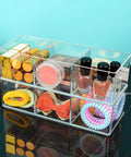 Sleek 3 Compartment Acrylic Organizers For Bathroom Vanity Counters, 9x3.5x2.4 inches, holds cosmetics and hair accessories.