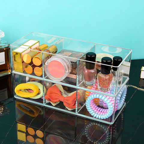 Sleek 3 Compartment Acrylic Organizers For Bathroom Vanity Counters, 9x3.5x2.4 inches, holds cosmetics and hair accessories.