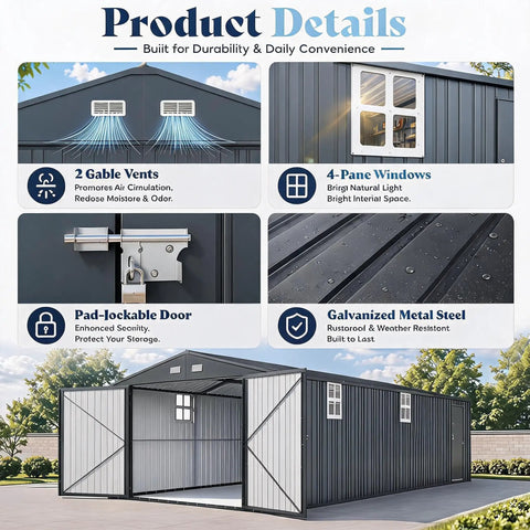 10x20 Foot Metal Garage Shed With Double Hinged Doors And Four Windows, Heavy Duty Carport For Cars Boats Trucks And Equipment