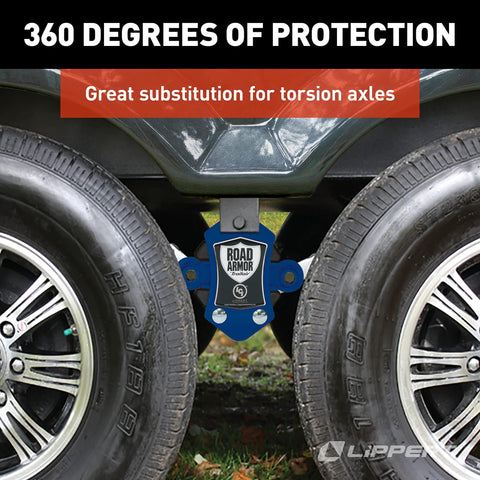 Lippert Road Armor trailer equalizer kit for tandem axles, blue steel shock-absorbing device installed between wheels