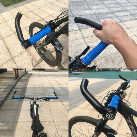 Orange Aluminum MTB Bar Ends For Mountain Bikes, Lightweight 6061 T6 Handlebar Extenders With Ergonomic Bend on blue grips