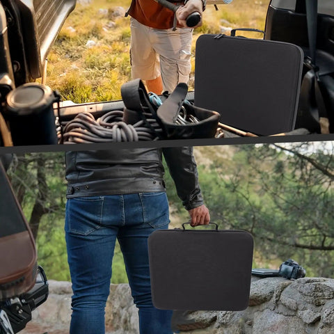 Rugged Travel Case For Mini Dish Kit With Shockproof IP67 Waterproof EVA Storage held by person next to vehicle outdoors.
