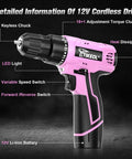 Sweet Pink 12V Cordless Drill Plug And Go Kit With Quick Charge Battery showing keyless chuck and variable speed switch.