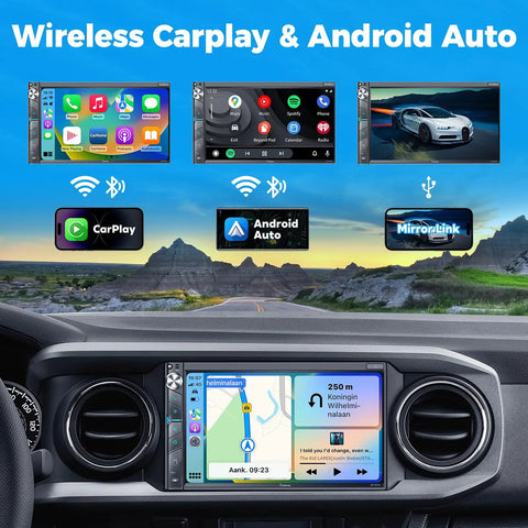 Dope Double Din Car Stereo With Dash Cam And Wireless Apple CarPlay Android Auto 7 Inch Touchscreen in dashboard view