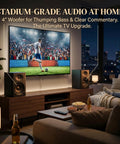 Living room setup with TV and 80W Peak Bluetooth 5.3 Bookshelf Speakers With 4 Inch Woofer and 1 Inch Silk Dome Tweeter