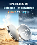 Heavy Duty Cr1632 3V Lithium Coin Cell Battery Five Pack operates in extreme temperatures 140°F to 14°F for reliable power.
