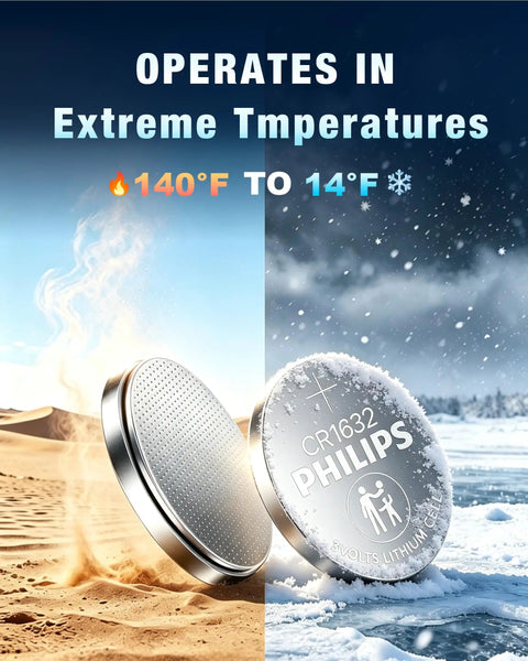 Heavy Duty Cr1632 3V Lithium Coin Cell Battery Five Pack operates in extreme temperatures 140°F to 14°F for reliable power.