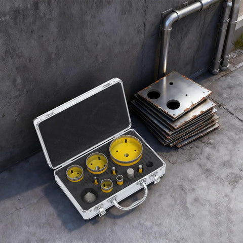 Solid 10-Piece Diamond Hole Saw Kit With Multi-Size Drill Bits For Shattering Glass Tile And Marble Like A Boss In Any Home Reno Job. open case with yellow diamond hole saw bits and cut metal plates