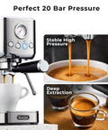 Compact Espresso Machine With 20 Bar Pump And Milk Frother Steam Wand For Barista Grade Lattes And Cappuccinos At Home 1350W Fast Heating 40 Ounce Removable Water Tank Stainless Steel Silver showing brewing process with gauge and cup.