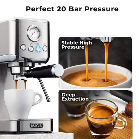 Compact Espresso Machine With 20 Bar Pump And Milk Frother Steam Wand For Barista Grade Lattes And Cappuccinos At Home 1350W Fast Heating 40 Ounce Removable Water Tank Stainless Steel Silver showing brewing process with gauge and cup.