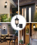 Collage of Dusk To Dawn Sensor Outdoor Wall Lantern With Built In GFCI Outlet near doors and porches, night ambiance